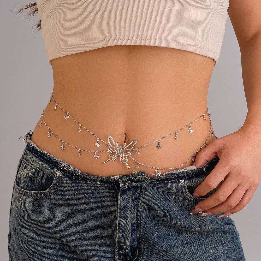 Ingemark Boho Sexy Hollow Butterfly Waist Belly Belt Chain for Women Summer Bikini Crystal Tassel Pendant Link Body Jewelry Gift H260228