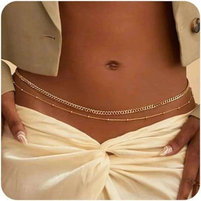 14K Gold Plated STAINLESS STEEL Layered Cuban Pearl Satellite Beads Belly Belt Body Jewelry Waterproof Waist Chains for Women H260228