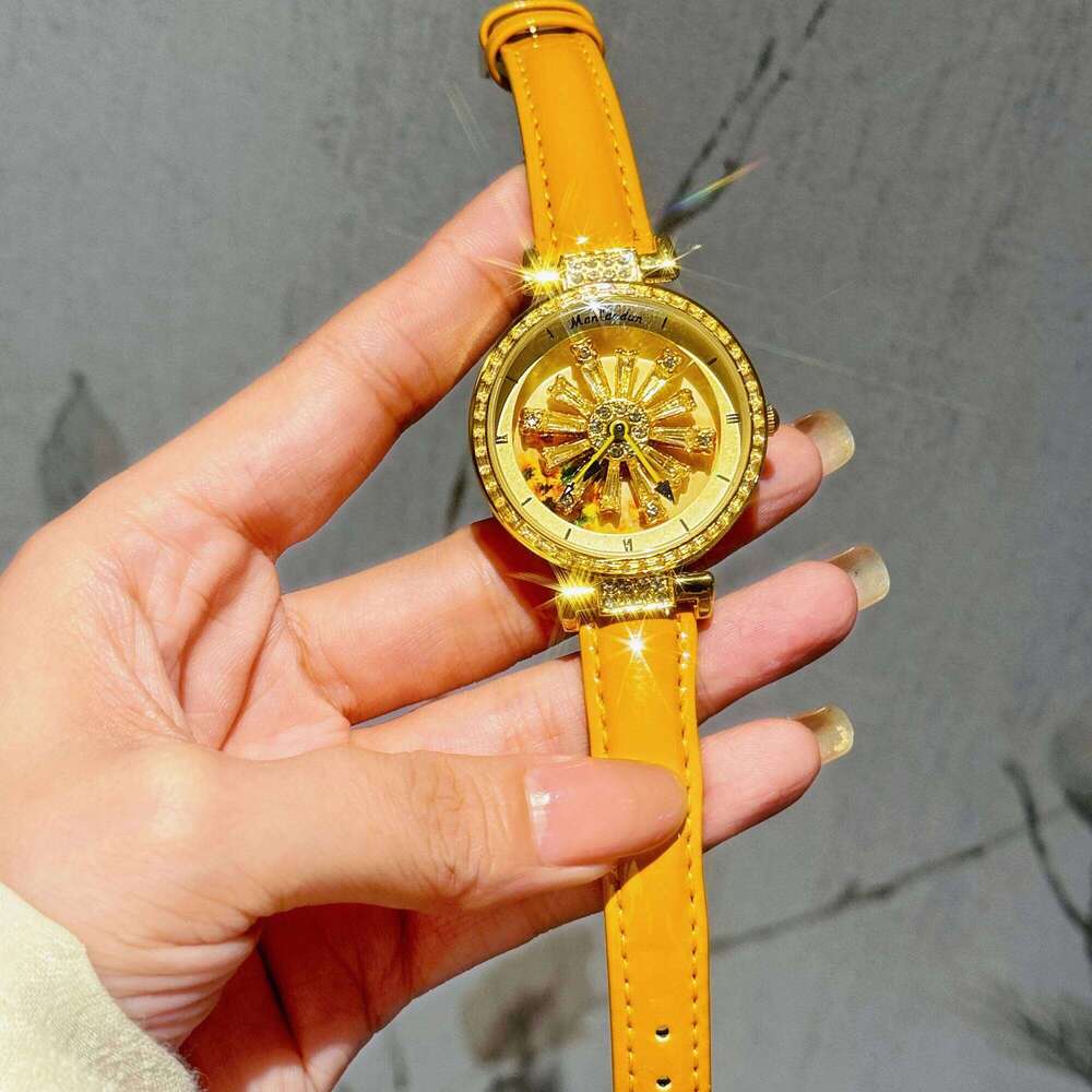 Fashionable Women's With Transparent Back, Diamond Inlaid, Rotating Galaxy Dial, Sunflower Design Waterproof Quartz H260228