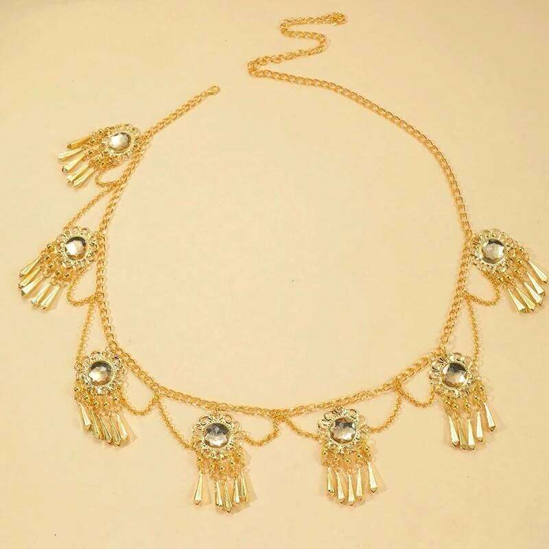 New Bohemian Waist Jewelry Metal Hollow Red Acrylic Gemstone Tassel Belly Chain Women's Dress Accessories H260228