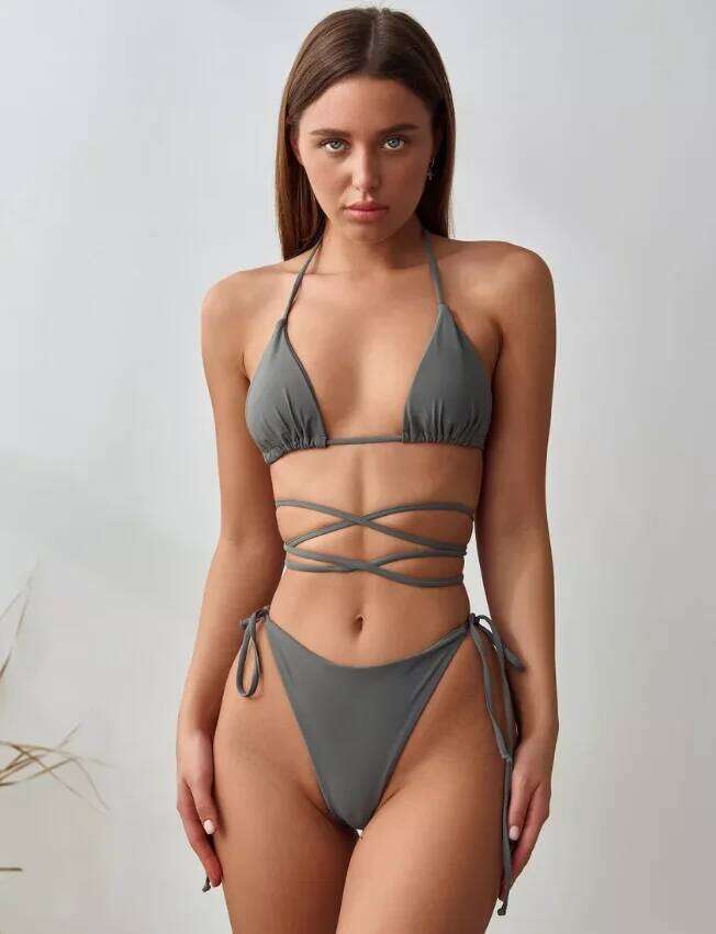 Ins bloggers new size chest gathered lace-up slim three-point thong hot spring split swimsuit female bikini Z260301