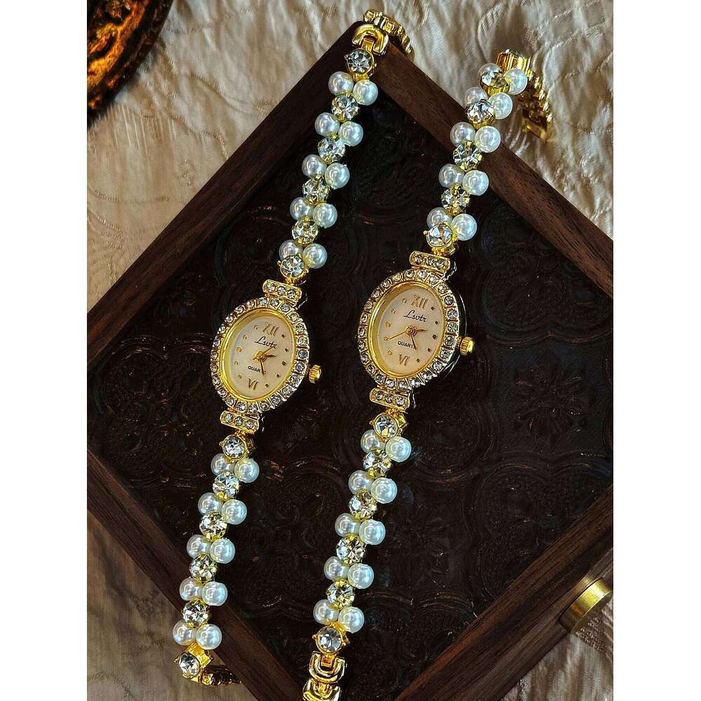 1 Brand New Luxurious Women with Pearl Rhinestone Inlays, Elegant Vintage Fashion, Oval Mother-Of-Pearl Dial, Suitable for Daily Wear, Parties, Vacati
