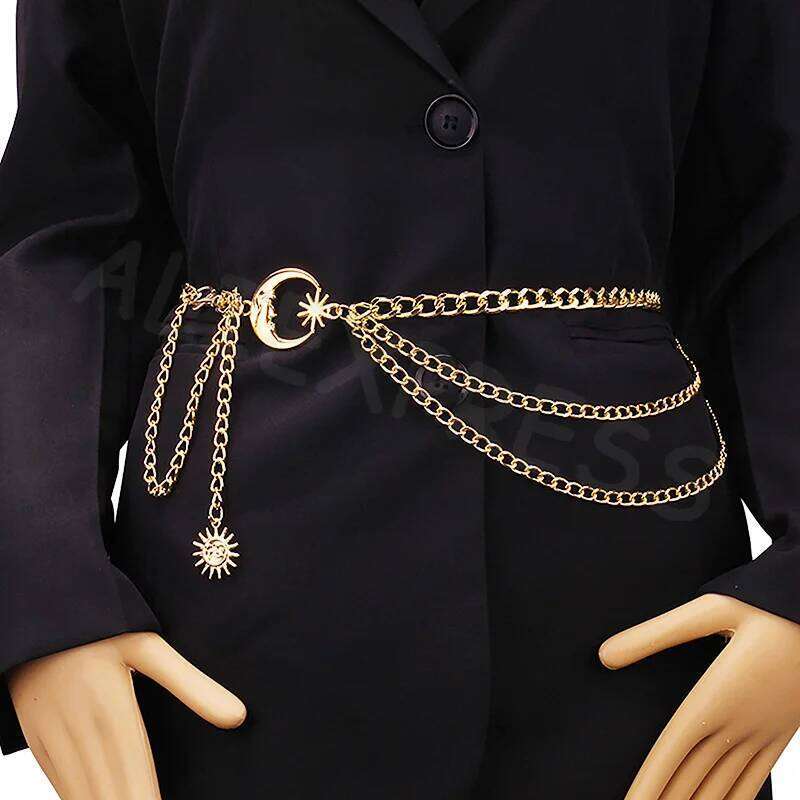 1Pc Hip Hop Punk Style European American Fashion Accessory Moon & Sun Crescent Multi-Layer Metal Chain Waist Belt H260228