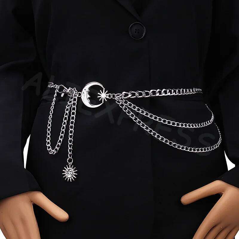 1Pc Hip Hop Punk Style European American Fashion Accessory Moon & Sun Crescent Multi-Layer Metal Chain Waist Belt H260228