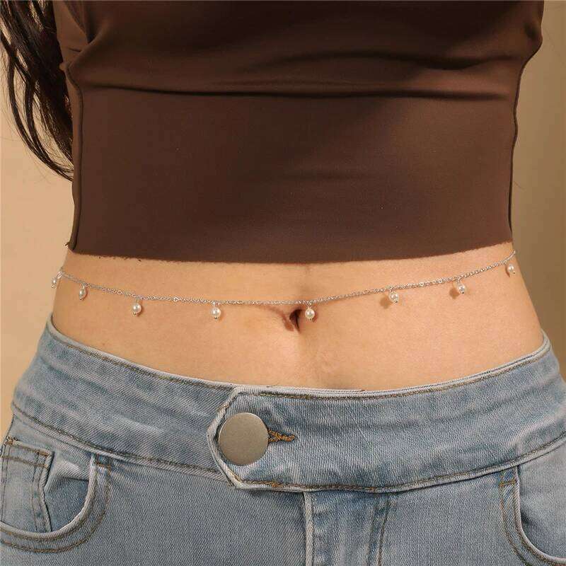 Sexy Vintage Aesthetic Pearl Pendant Belly Link Waist Chain Belt Streetwear Summer Women Fashion Body Jewelry H260228