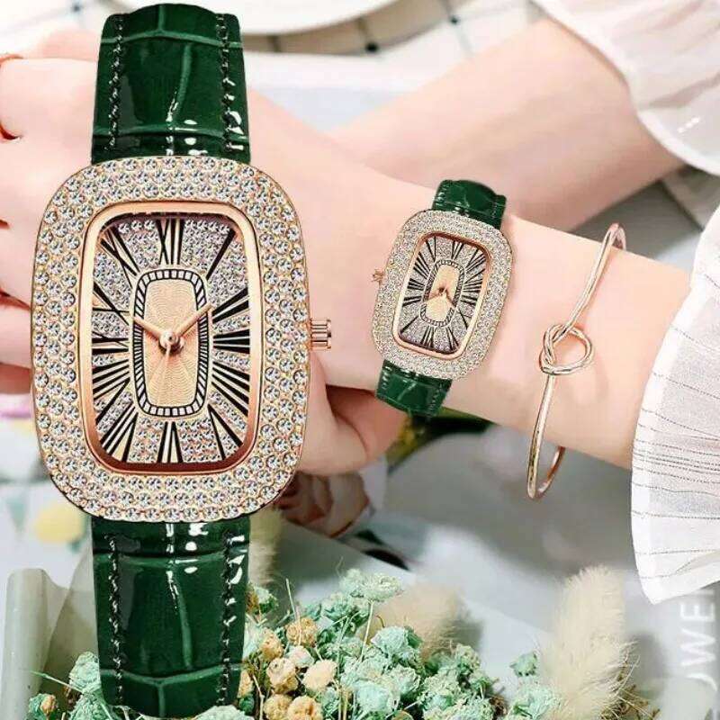 Vintage Square Ladies Full Star Diamonds Quartz Casual Green Leather Dress Women's Clock Wrist Gift H260228