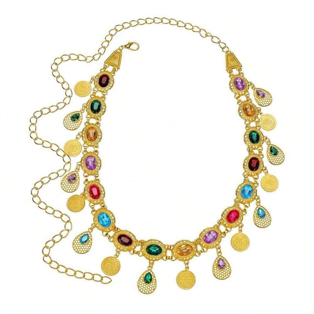 New Fashion Afghan Waistband Jewelry Bohemian Colored Acrylic Gems Gold Color Droplet Coin Tassel Waist Chain Belt For Women H260228
