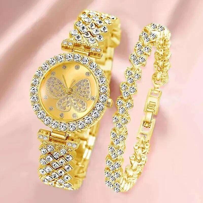 2pcs Butterfly Original Diamond for Women Fashion Elegant Stainless Steel Quartz Wrist Ladies Dress es H260228