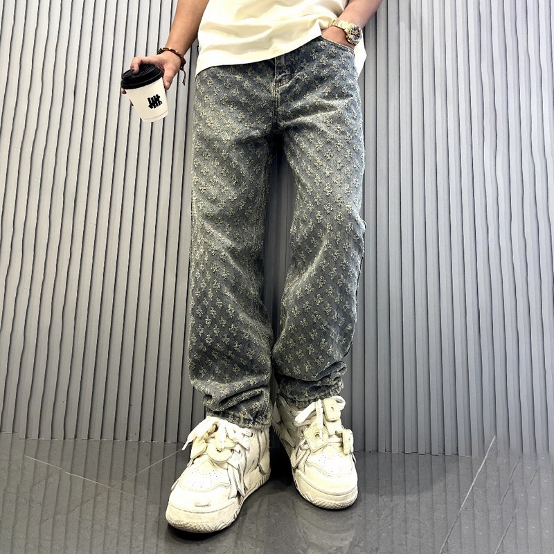 Luxury Designer Clothes 2025 Jacquard Full Print High Street Trendy Brand INS Design Sense Jeans Loose Straight Washed Wide Leg Long Pants