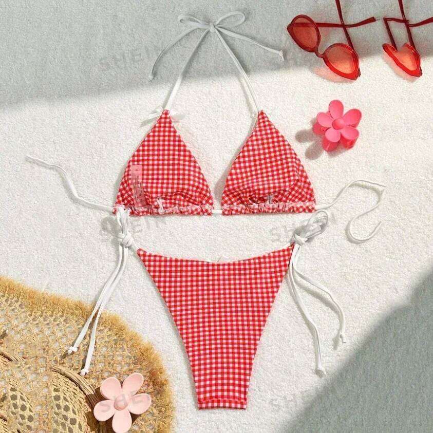 Red Plaid String Halter thong Micro Bikini for Women Mini Swimwear Lace-up Sexy Swimsuit Bathing Suit Triangle Bikinis Sets 2026 Z260301