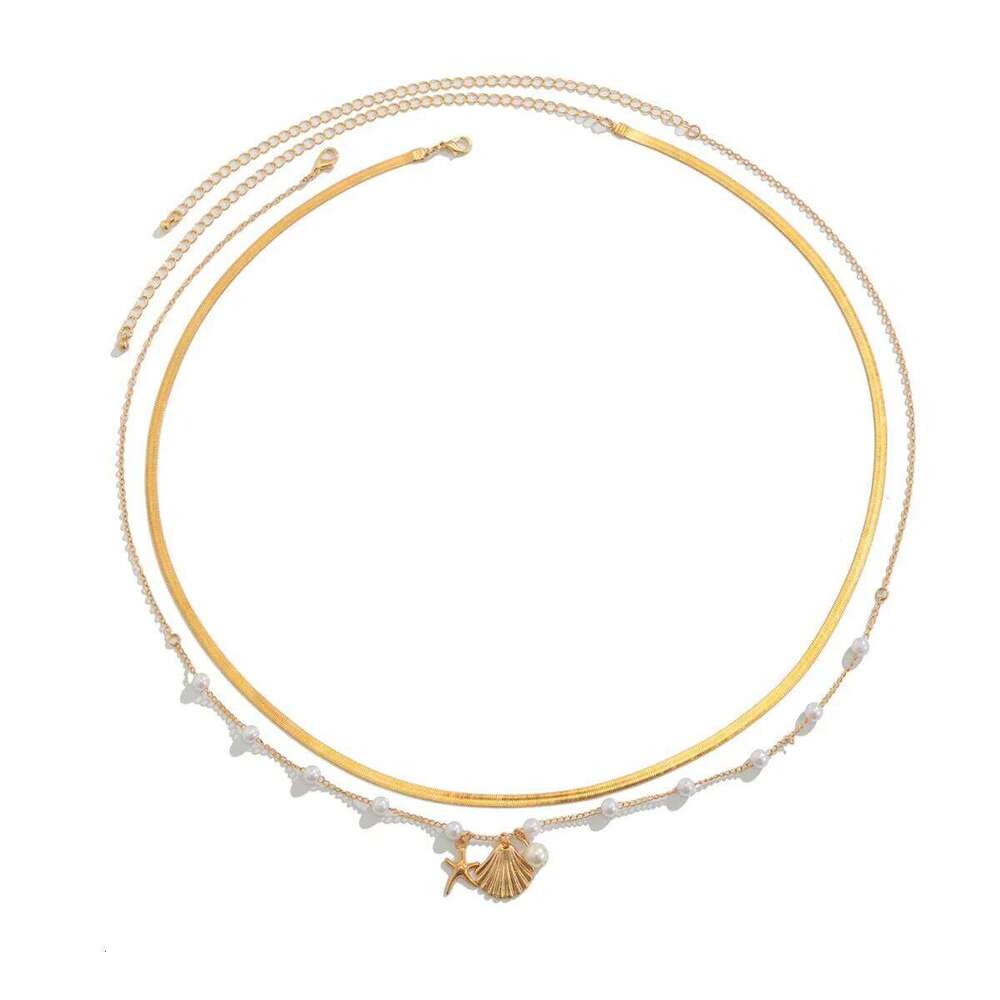Simple and Fashionable Vacation Style Starfish Shell Body for Women's Sexy Metal Flat Snake Pearl Bead Waist Chain H260228