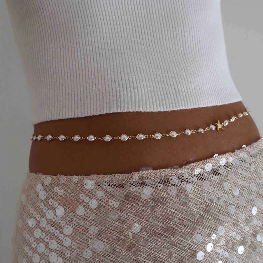 Vintage Pearl Starfish Waist for Women Fashion Boho Gold Color Sexy Beads Belly Chain Beach Bikini Party Body Jewelry Gift H260228
