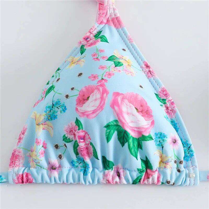 Light Blue Floral Print Swimwear Ruffled Strap Triangle Thong Micro Bikini 2026 Sexy Swimsuit Women Low Waisted Bather Bikinis Z260301