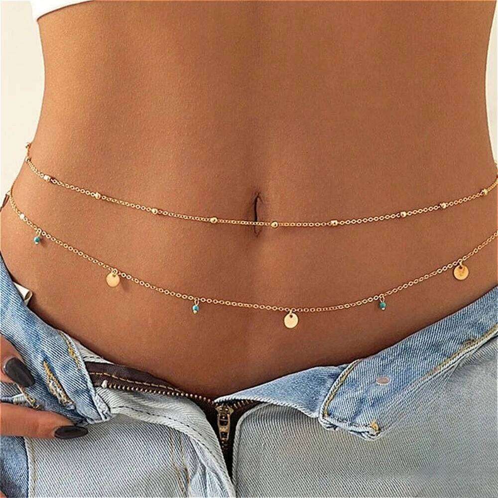 Vintage Tassel Sequin Waist Beads Belly Chains Double Layered Adjustable Bikini Hips Body Chain Festival Beach Jewelry for Women H260228