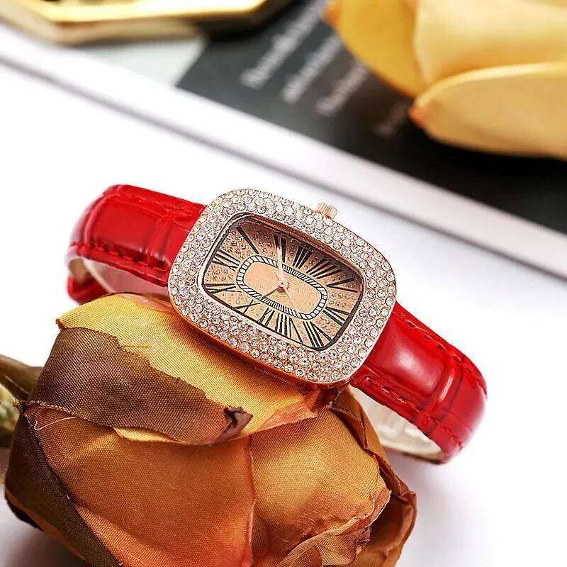 Vintage Square Ladies Full Star Diamonds Quartz Casual Green Leather Dress Women's Clock Wrist Gift H260228