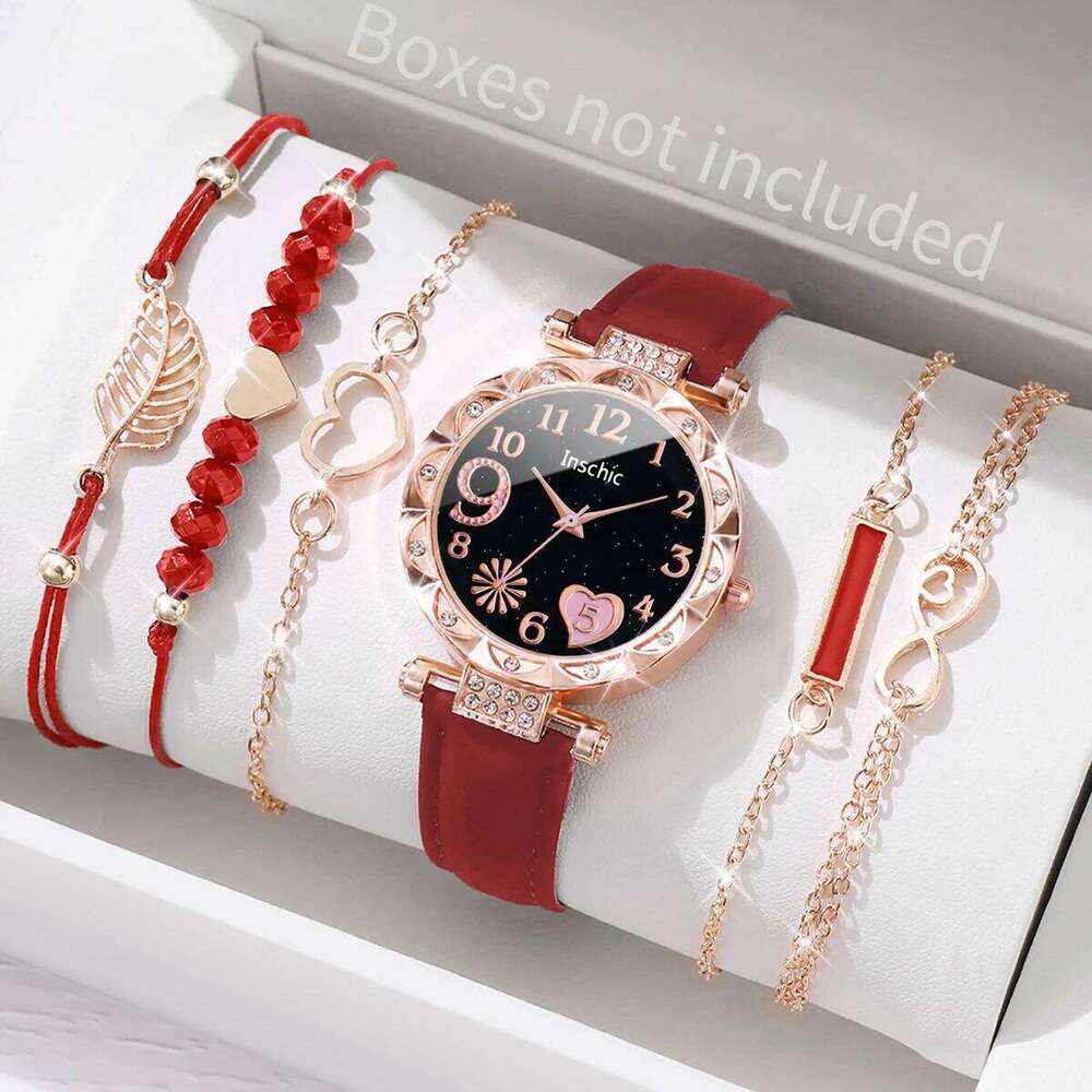 6PCS/Set Women es Fashion Rhinestone Heart Dial Quartz Leather Band Wristes s SetWithout Box H260228