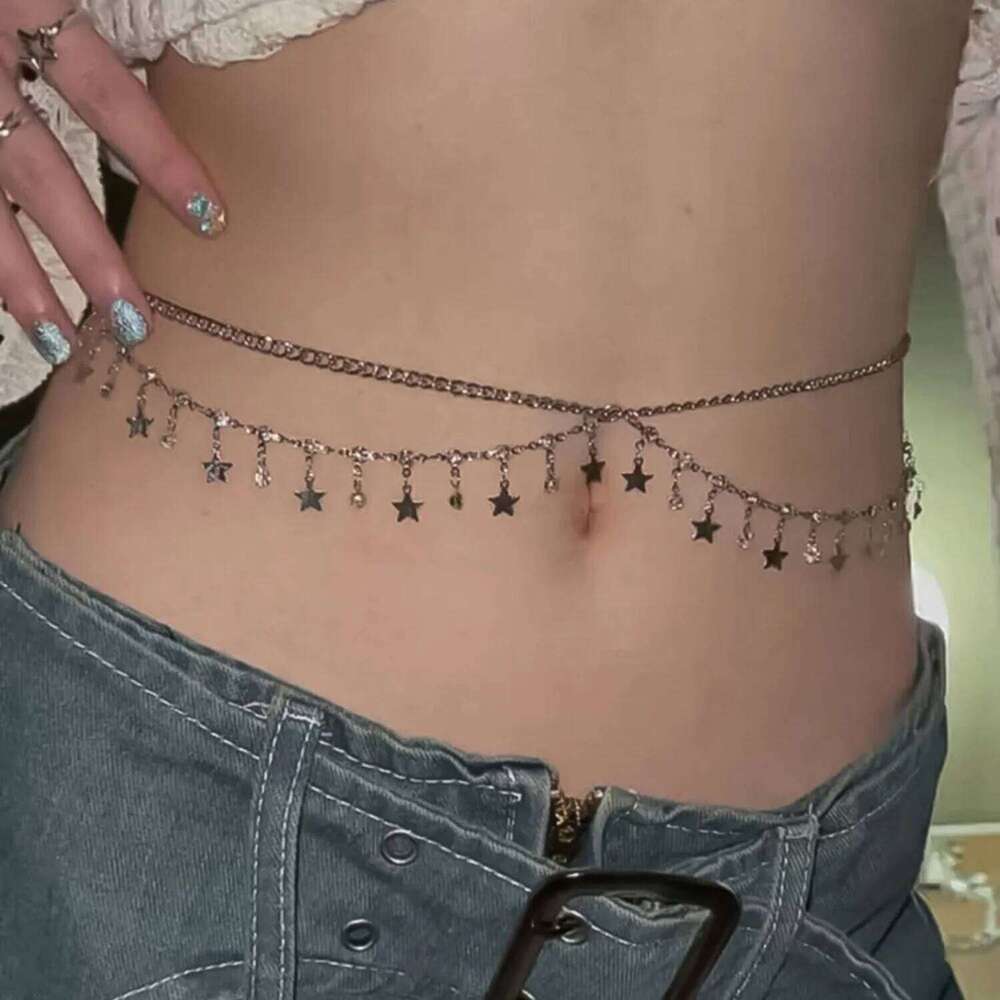 Y2K Glitter Waist Sexy Multi Layer Belly Belt For Women Star Tassel Design Summer Beach Bikini Body Jewelry Chain H260228