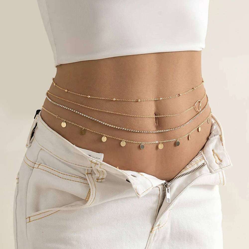 Boho Vintage Multilayer Crystal Shiny Waist Chain Women's Round Sequin Pendant Beads Heart Shape Beach Body With Fashion Jewelry H260228