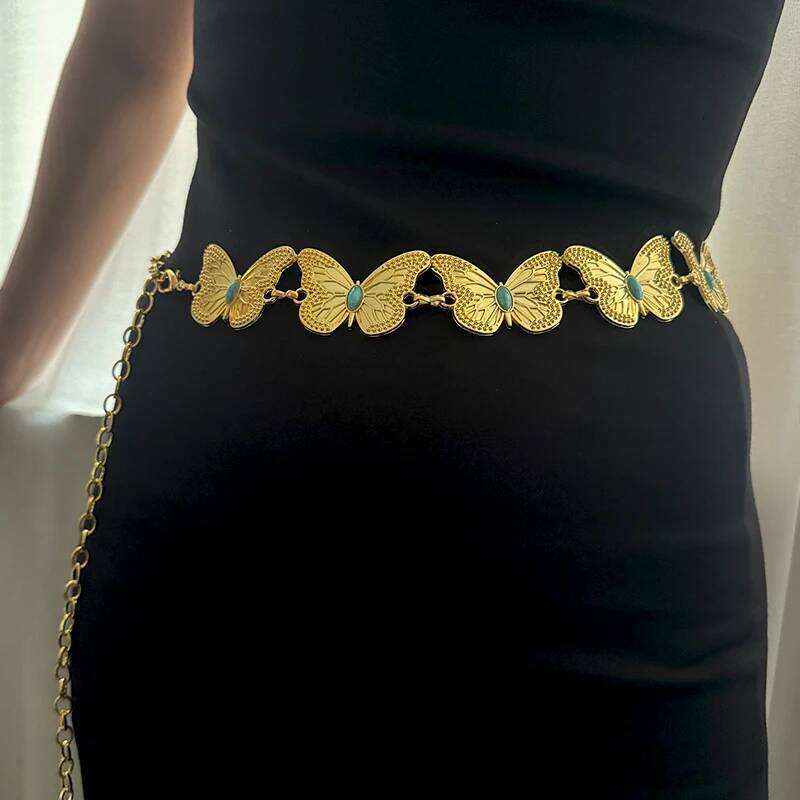 Vintage Female Waist Chain Belt Punk Y2K Sapphire Metal Belts For Women Butterfly Luxury Golden Waistband for summer Skirt Jeans H260228