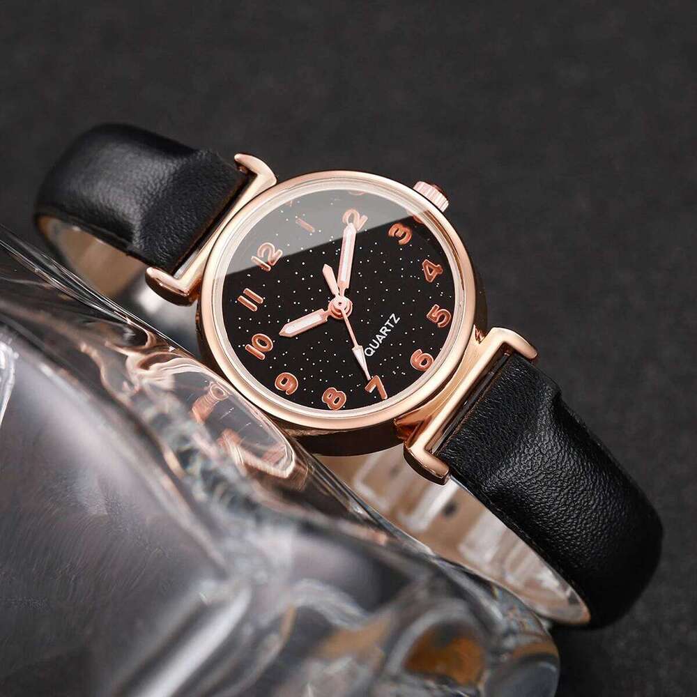 2PC Women's Fashion Starry Sky Small Dial Leather Band Analog Quartz Heart SetWithout Box H260228