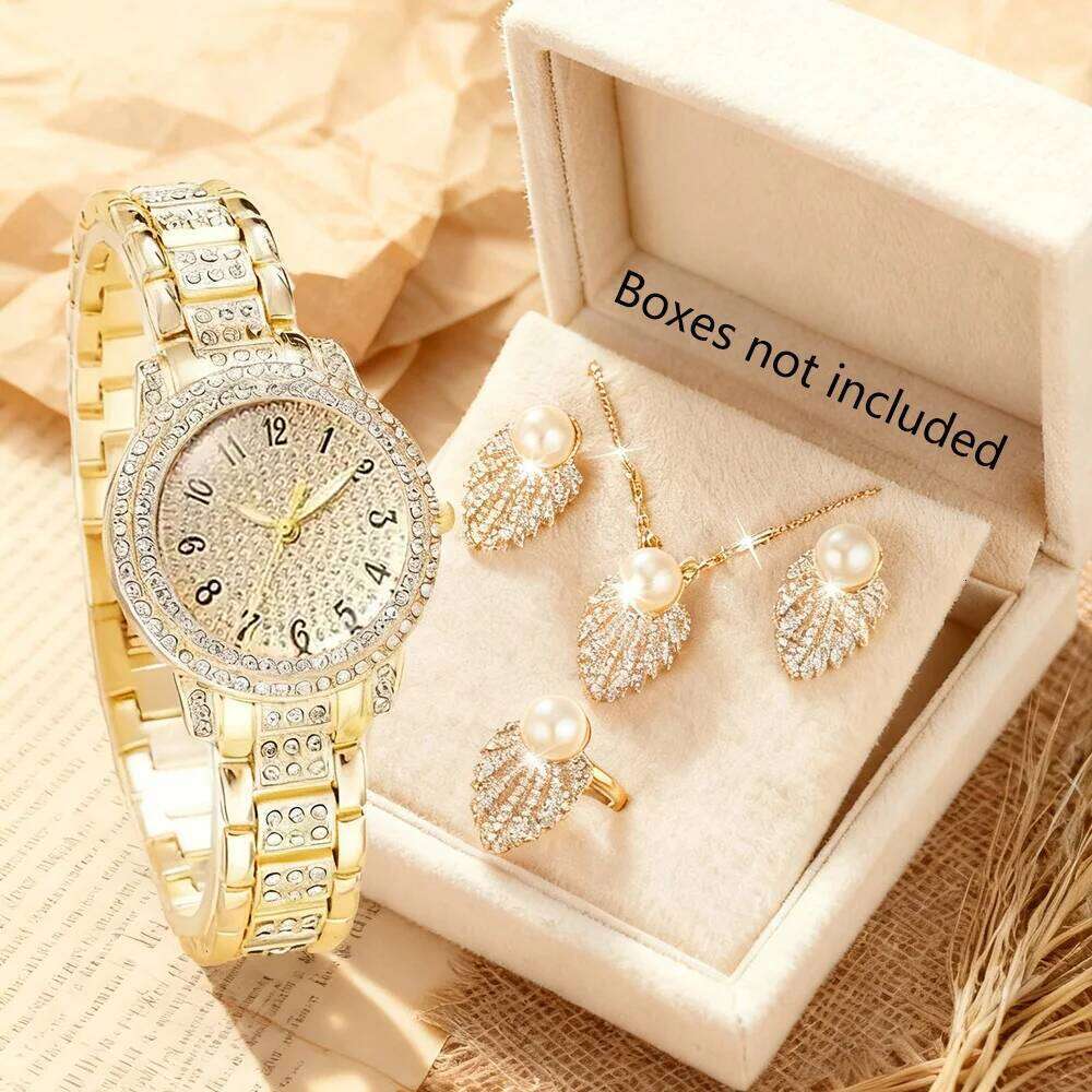 5PCS/Set Elegant Women es Fashion Rhinestone Woman Quartz Wrist Pearl Jewelry Set Reloj Mujer Girls ClockWithout Box H260228