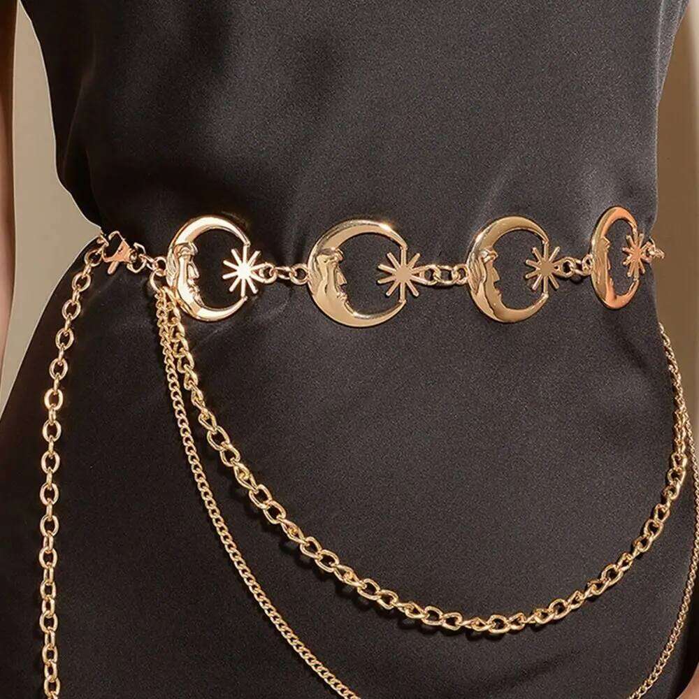 Fashion Vintage Metal Punk Waist Chain Womans Layered Belt Moon Star Waistband Dress Cummerbands H260228