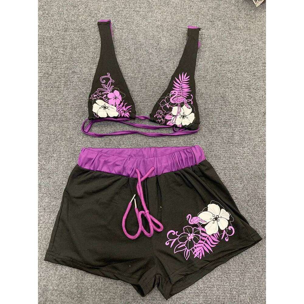 Summer Beach Ins Fashion Hot Sexy Ladies Split Two Piece Bikini Beautiful Vintage Contrast Flower Print Suspender Bra Shorts Set Z260301