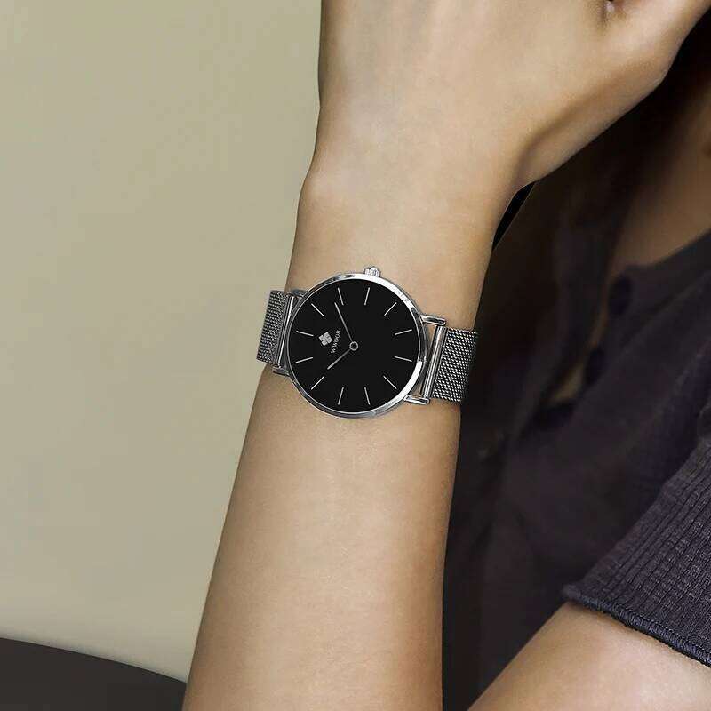 WWOOR New Womens Fashion Simple Ladies Slim Silver Black Dress Steel Mesh Sports Waterproof Wristes Reloj Mujer H260228