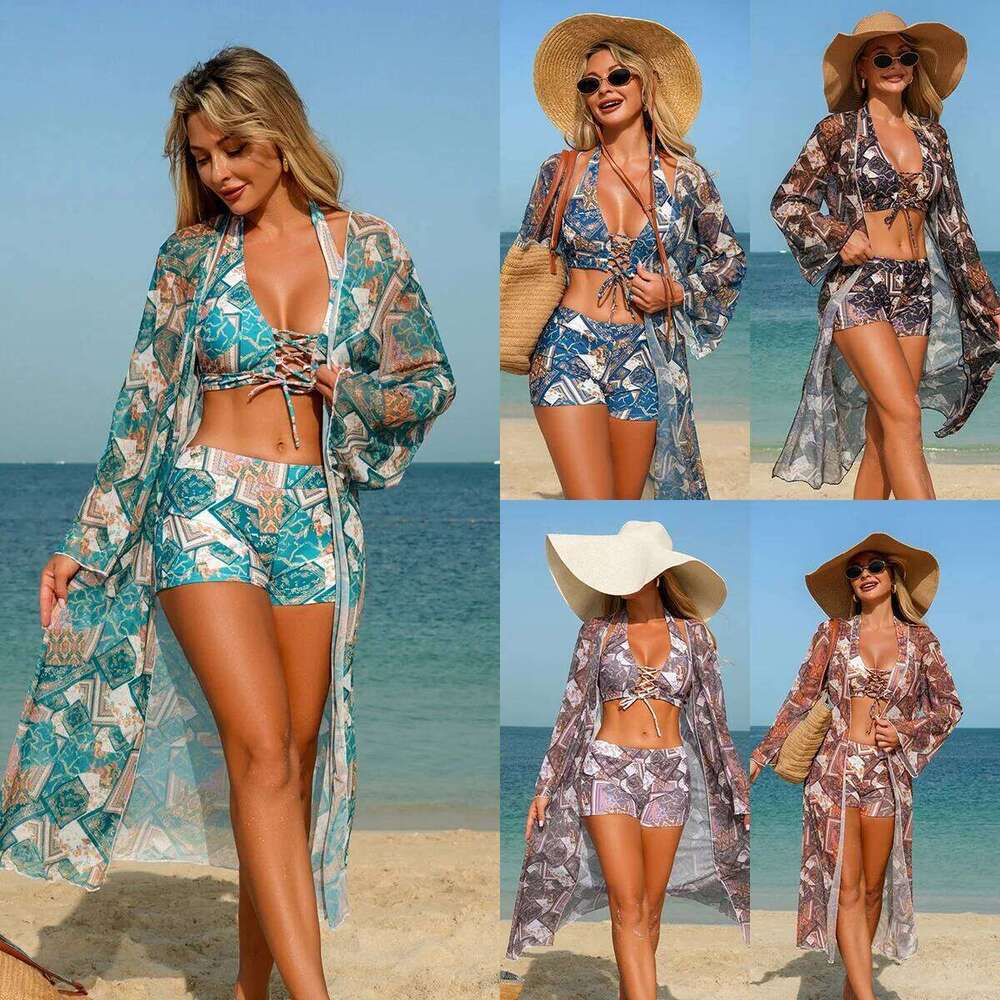 Women's 3 Piece See-through Mesh Bikini Set Fashion Triangle Top High Waist Bottom & Sheer Cover Up Summer Holiday Shorts Sets Z260301