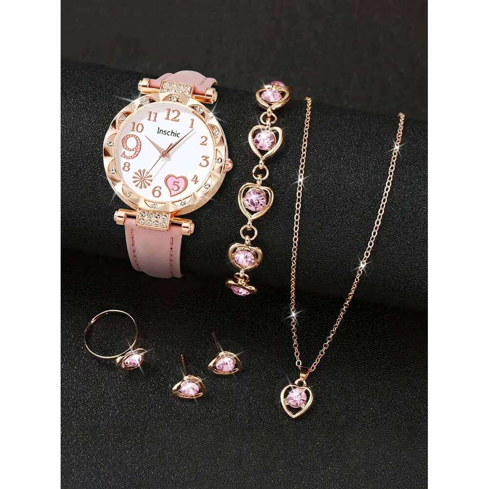 Women's quartz and set of inlaid jewelry, gift with heart-shaped fireworks design, does not include the box H260228