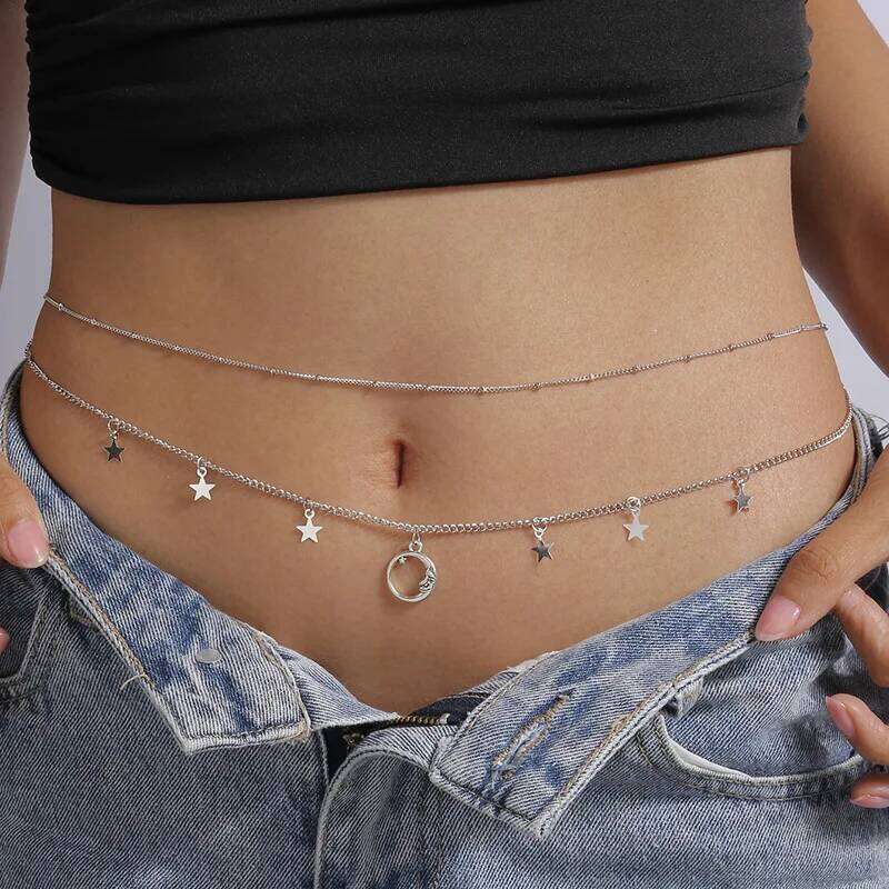 Minimalist Tassel Sequin Double Layer Moon Star Body Fashionable Retro Turquoise Waist Chain H260228