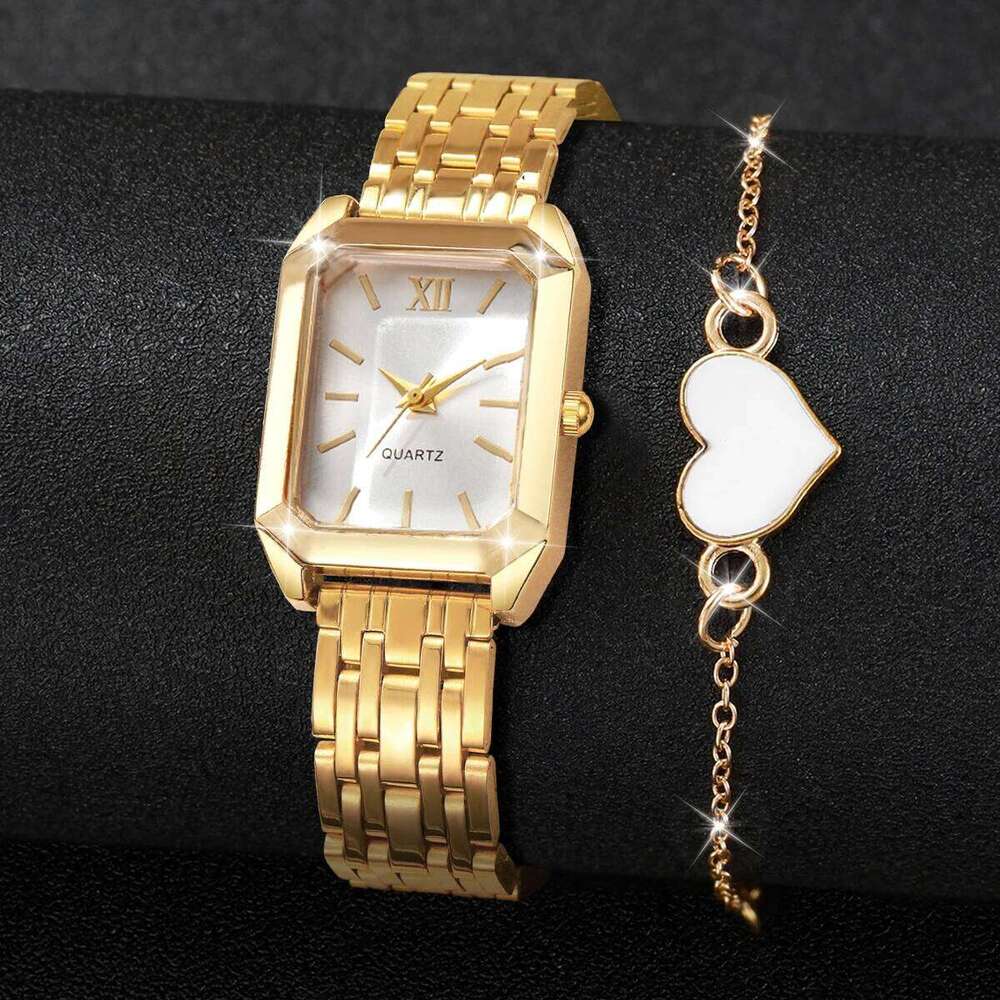 2PCS/Set Fashion Rectangle Women Quartz es Roma Dial Ladies Wrist Heart Jewelry Set Reloj Mujer Without Box H260228