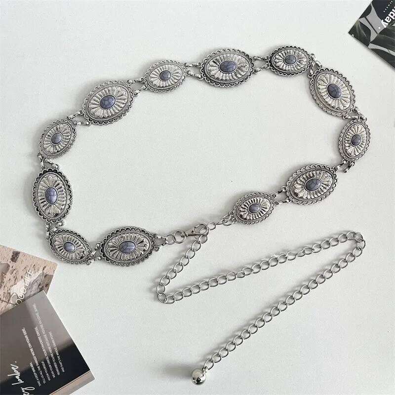 Vintage Punk Metal Hip Hop Style All-match Embossed Waist Chain Womans Belt For Dress High Belts for Women H260228