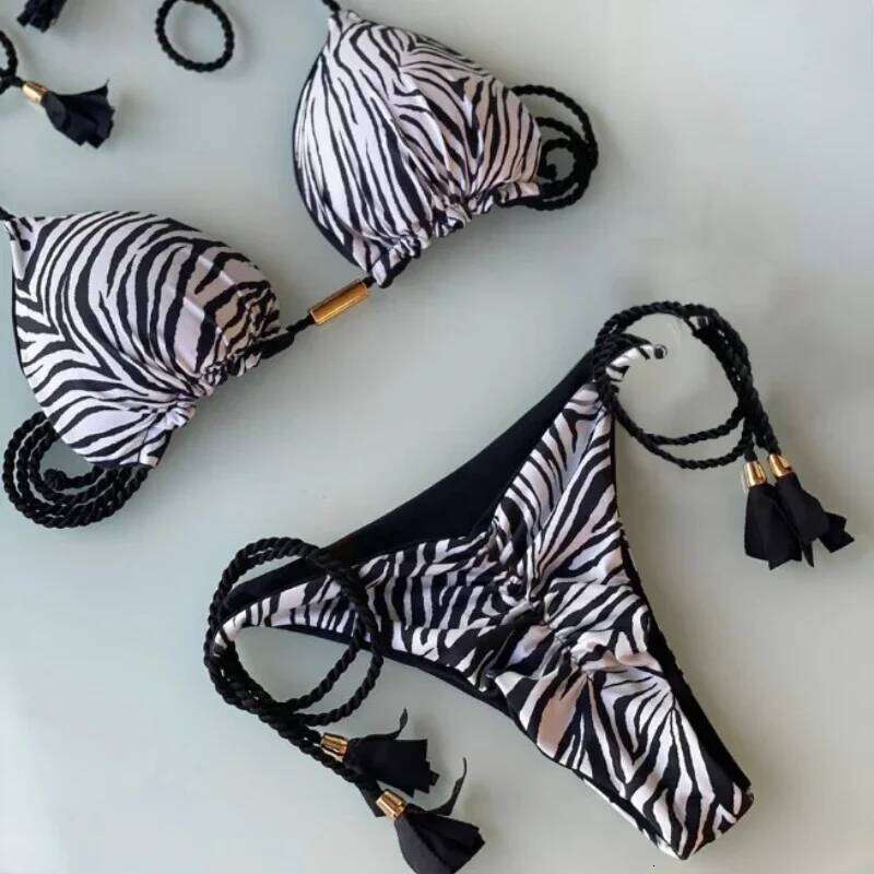 Set Zebra Leopard Print Sexy Girl Bikini Triangle Halter Lace Pleated Swimwear Brazilian Beach Vacation Swimsuit Women Z260301