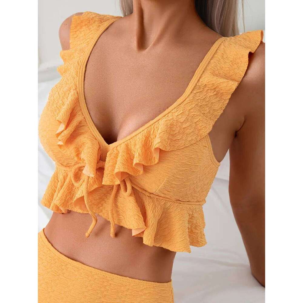 2026 Sexy Strappy Ruffle Bikini Solid Swimwear Women High Waist Triangle Swimsuit Female Bathing Swimming Suit Padded Beachwear Z260301