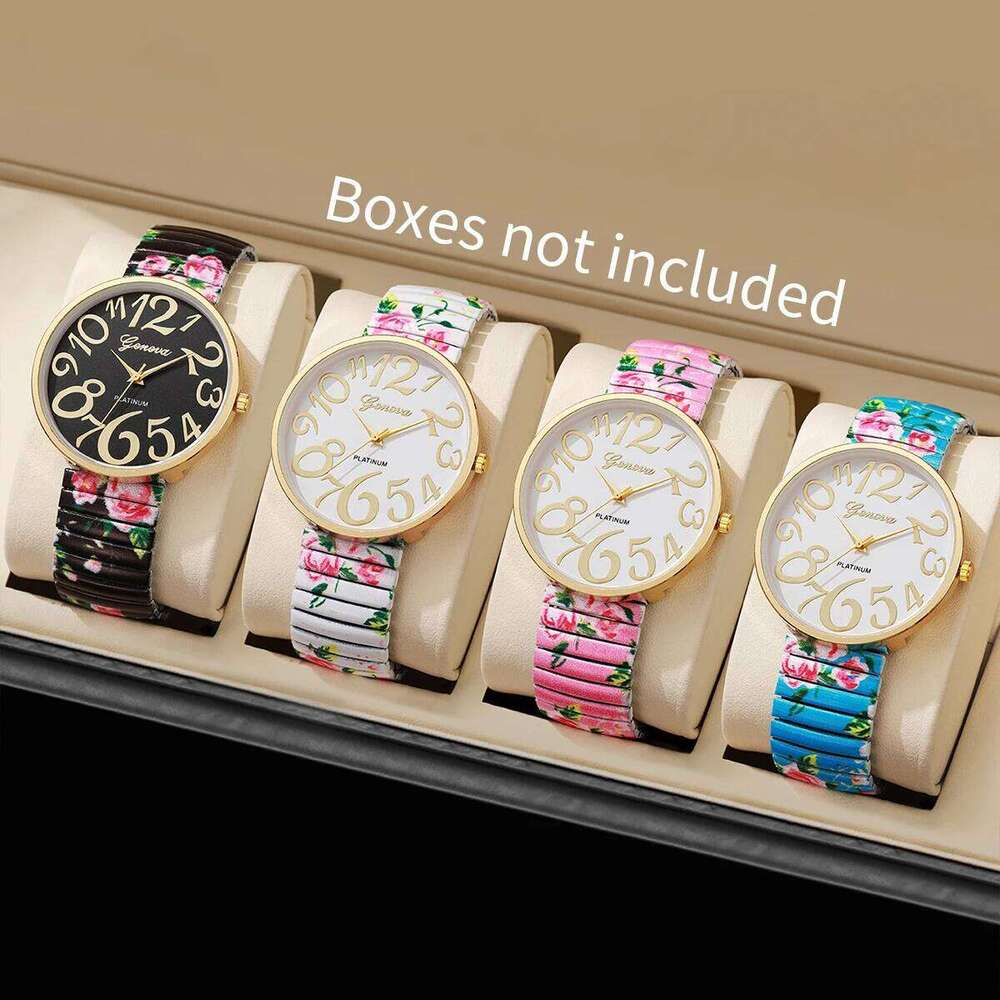 1/2/3/4PCS Fashion Flowers Printed Women Elastic Strap Arabic Quartz es Reloj Mujer Girls ClockWithout Box H260228