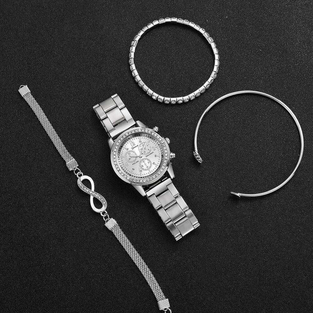 4PCS/Set Fashion Rhinestone Womens Stainless Steel Band Quartz es Silver s Set H260228