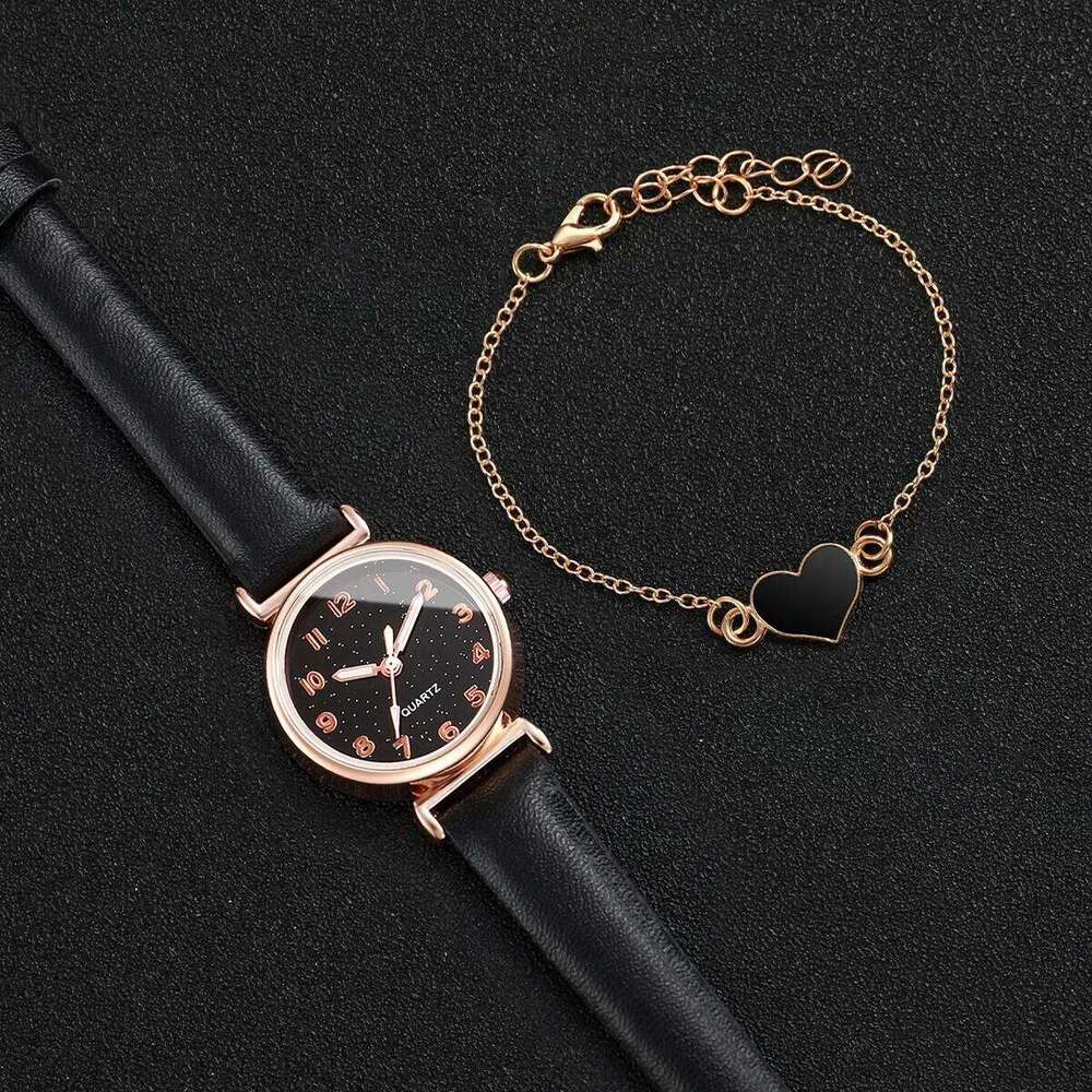2PC Women's Fashion Starry Sky Small Dial Leather Band Analog Quartz Heart SetWithout Box H260228