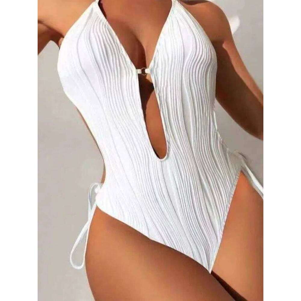 2026 Sexy Women's Solid Color One Piece Bikini Backless Hollow Out Halter Neck Swimsuit with Ties Slimming Monokini Bodysuit Top Z260301