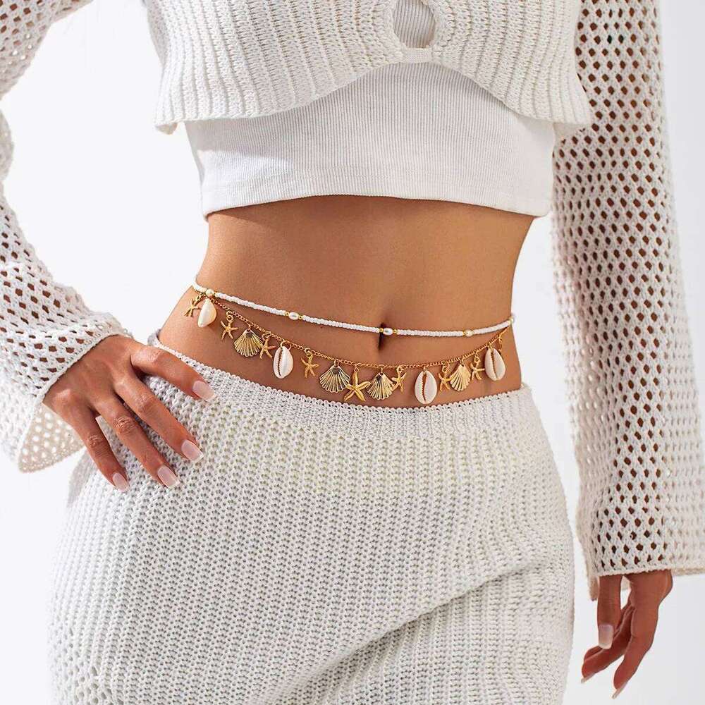 New European and American Bohemian Beach Starfish Shell Waist Chain, Fashion Imitation Pearl Conch Body Chain H260228