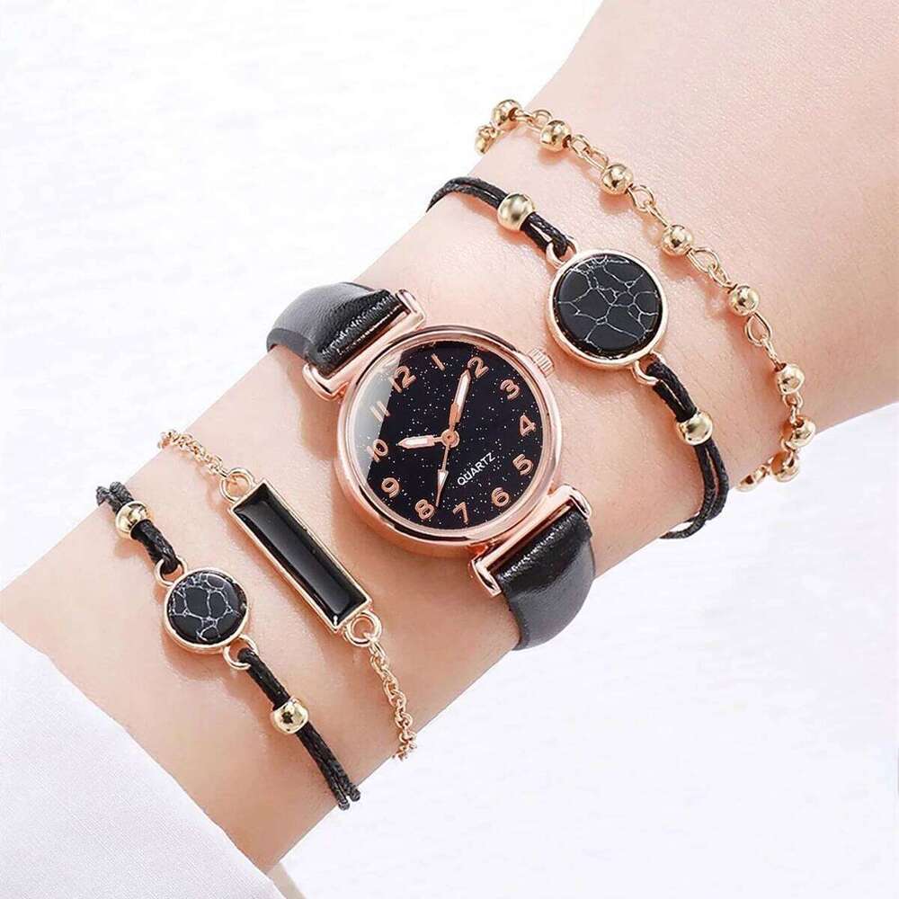 5PCS/Set Women's Fashion Starry Sky Dial Leather Band Quartz es Turquoise s Set H260228