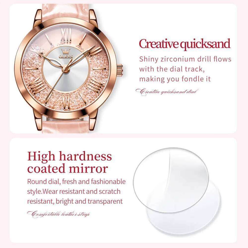 OLEVS 5539 Quartz Woman Flowing Crystal Design Roman Numeral Scale Ladies Wrist Leather Strap Waterproof Womens H260228