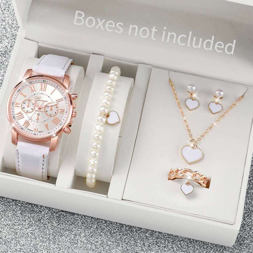 5/6PCS Women es Jewelry Set Fashion Roma Dial Ladies Leather Band Quartz Relogios FemininoWithout Box H260228