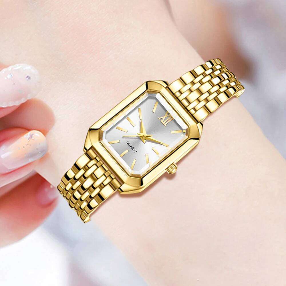 4PC Golden Women Fashion Trend Rectangular Dial Quartz Set Suitable for Daily Exclusive Matching H260228
