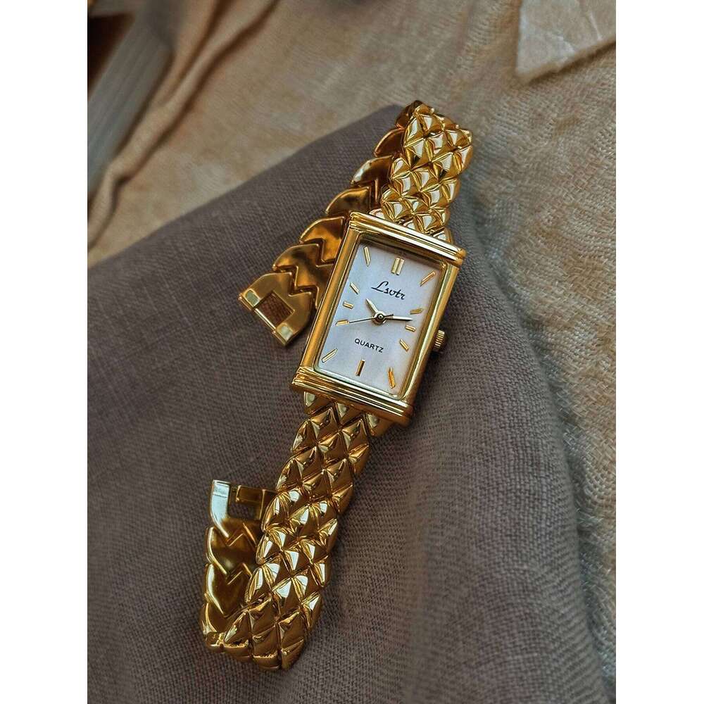 1 New Gold-Colored French High-End Light Luxury Fashion Simple Dial with Stainless Steel Strap, Elegant Exquisite Casual Style Women's Quartz , H