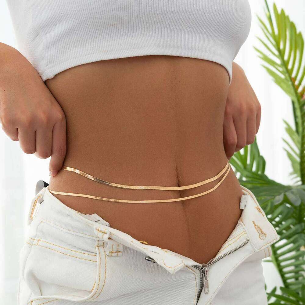 Salircon Minimalist Double-layer Metal Flat Snake Belly Waist Chain Women's Fashion Sexy Bikini Beach Summer Body Jewelry H260228