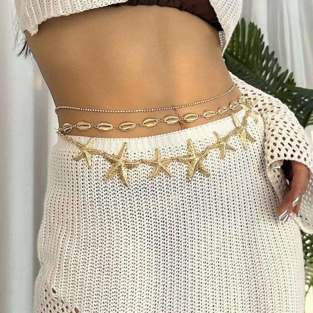 Summer Bohemian Sea Star Imitation Pearl Waist Link Starfish Shell Pendant Beach Bikini Body Chain Vacation H260228