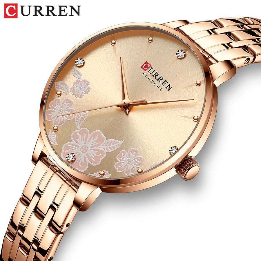 CURREN Fashion Quartz Wristes for Women Simple Stainless Steel with Flower Design Dial H260228