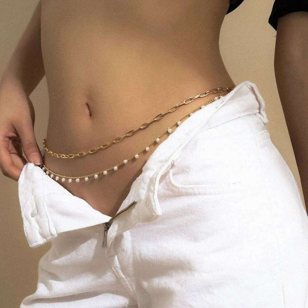 Bohemian White Beads Belly Chains for Women Waist Stainless Steel Gold Plated Double Thin Chain Y2K Body Jewelry H260228