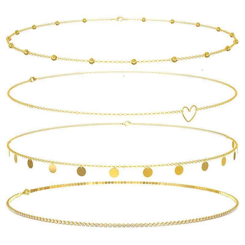 4pcs Set Sexy Round Bead Boho Heart Simple Metal Thick Body Chain Women's Belly Waist Decoration H260228